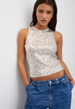 PULL & BEAR Sequinned CamicettaSilver-Coloured Donna T-shirt E Top PUC21E12J-D11 -Pull & Bear 09d977a9e61a4e498163eeaf84de0758