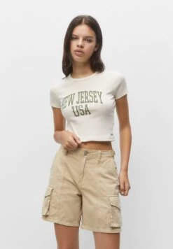 PULL & BEAR Short Sleeve CroppedT-Shirt Con StampaMottled Beige Donna T-shirt E Top PUC21D2HO-B11