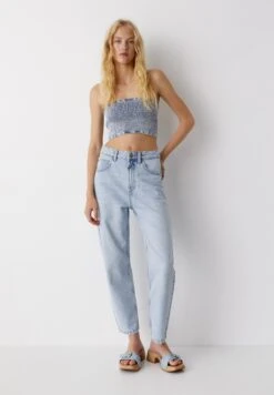 PULL & BEAR Mid-Waist Barrel- Jeans A Sigaretta - Light Blue Denim -Pull & Bear 37baebeaa78f4906a5ab611d7c60d269