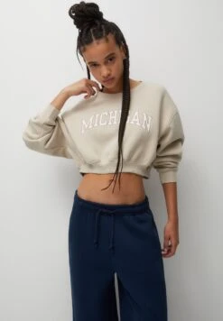 PULL & BEAR Cropped Varsity FelpaSand Donna Felpe PUC21J122-B11