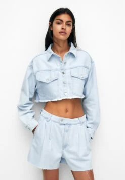 PULL & BEAR Darted - Shorts Di Jeans - Stone Blue Denim
