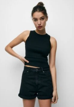 PULL & BEAR High Waist Mom Bermuda- Shorts Di Jeans - Black