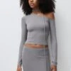 PULL & BEAR Asymmetric With Thin Scarf Maglietta A Manica LungaDark Grey Donna T-shirt E Top PUC21D2JY-C11 -Pull & Bear 731756687656415491b143555333e72f