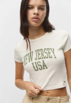 PULL & BEAR Short Sleeve CroppedT-Shirt Con StampaMottled Beige Donna T-shirt E Top PUC21D2HO-B11 -Pull & Bear 87d06ad01f654624aee9dd2cc840674b